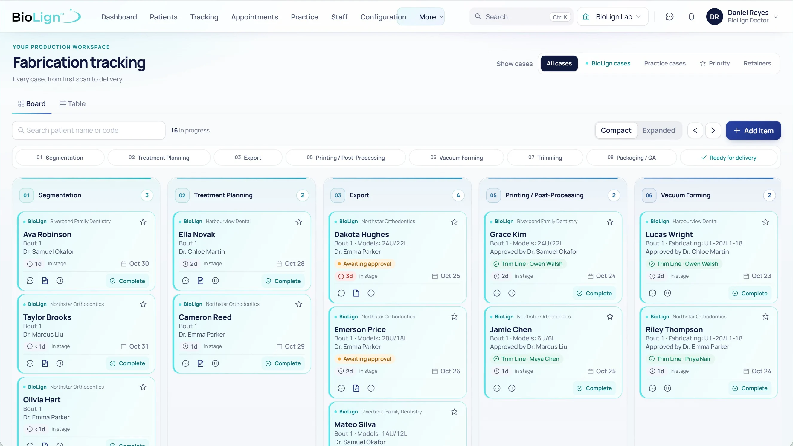 Fabrication tracking board in BioLign Cloud with every case by production step