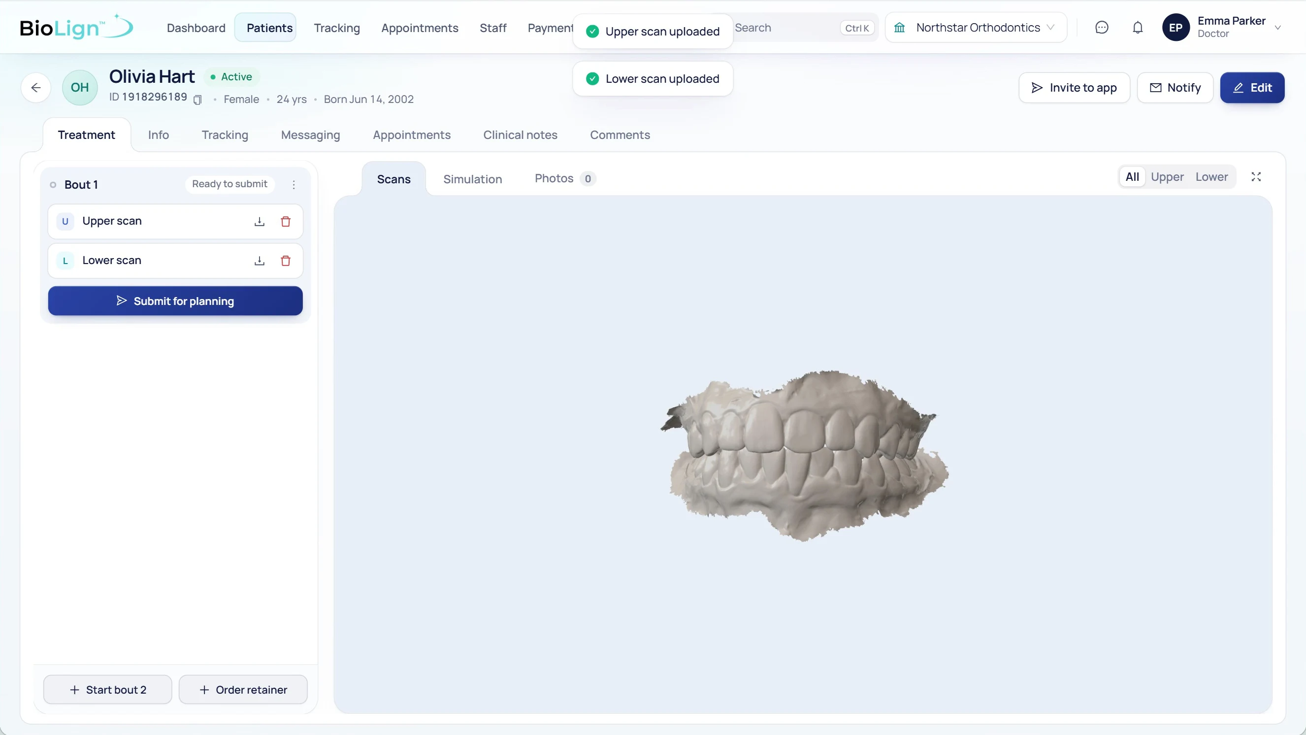 Upper and lower intraoral scans uploaded to a patient record in BioLign Cloud
