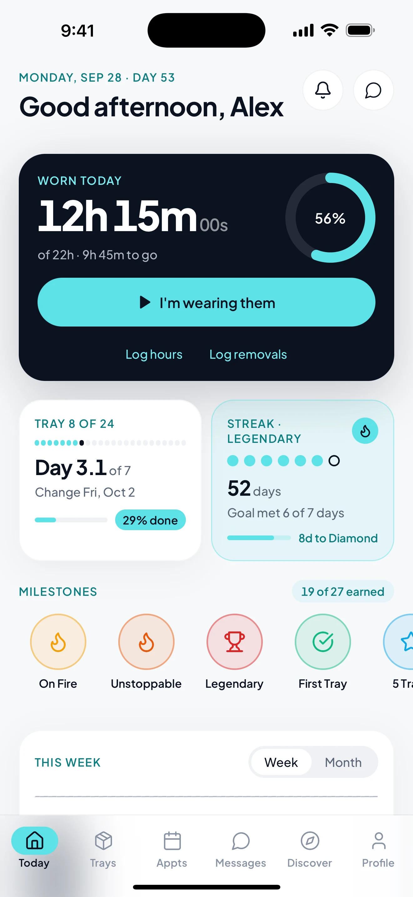 BioLign Track Today screen with the wear timer, current tray and streak